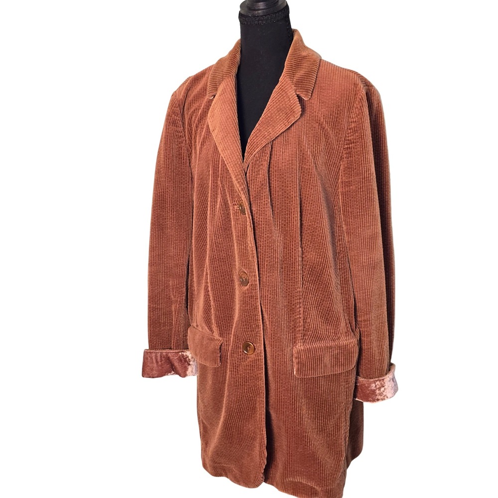 J. Jill Womens Corduroy Blazer Jacket Pumpkin Cotton Velvet Trim Longline Size L